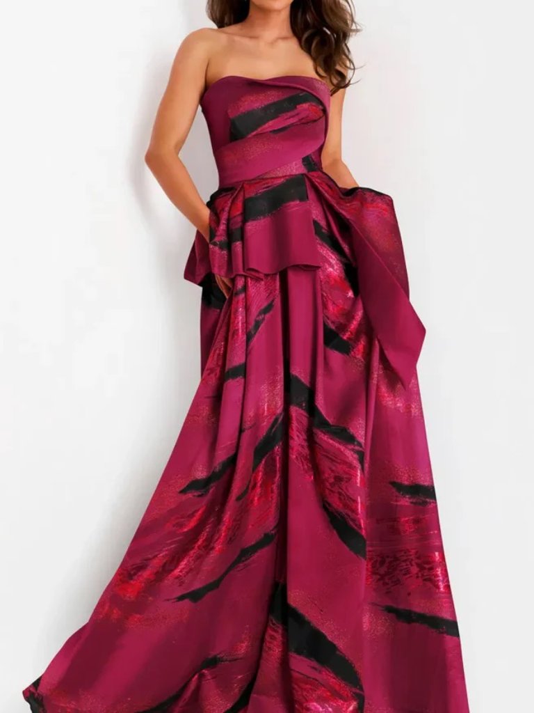 Nwt Jovani 44387 Strapless Pleated Abstract Print Ballgown Crimson Size 10